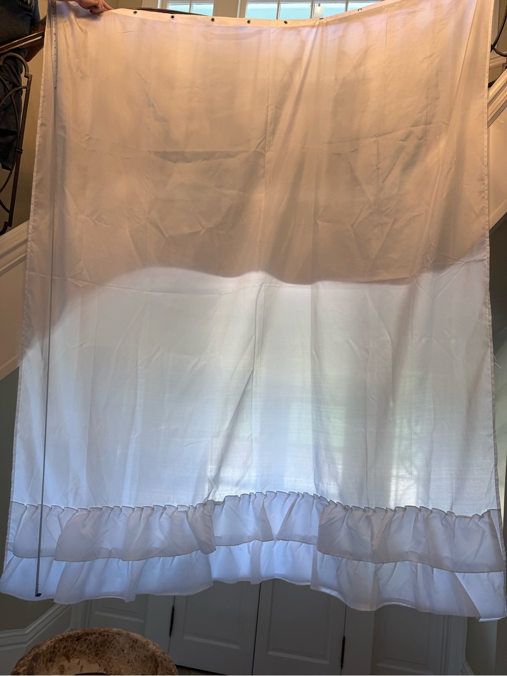 Custom Sized Sheer White Ruffled Shower Curtain Panel
